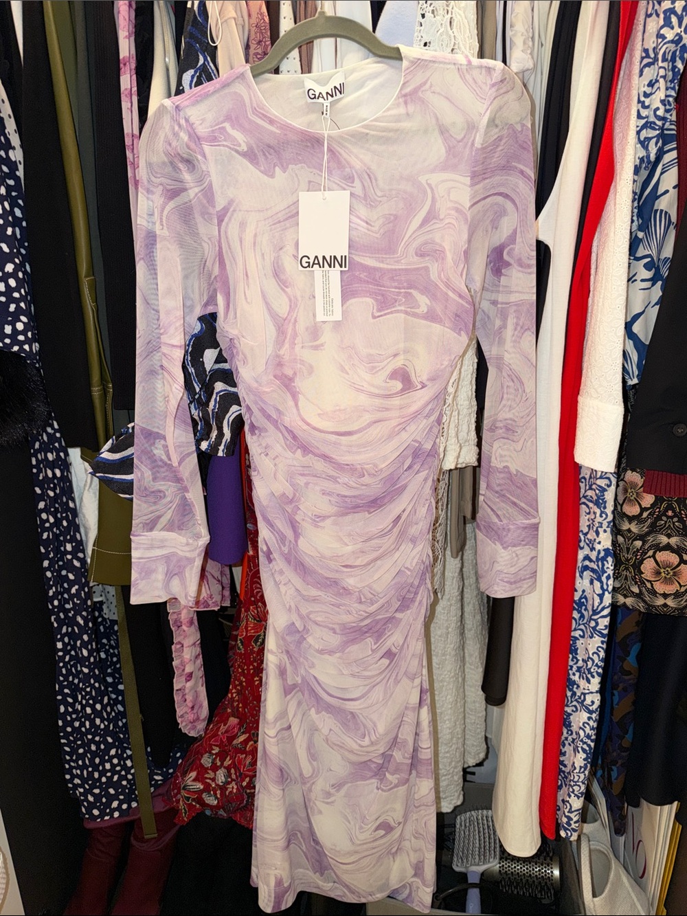 NWT Ganni Lavender Marble-Print Long Sleeve Midi Dress